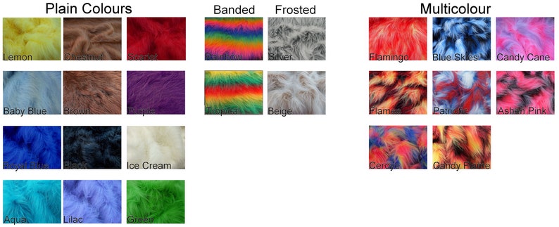 the colour chart of basic faux fur fabrics available from our supplier