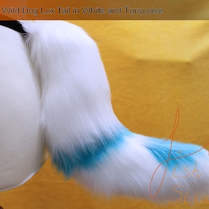A luxury faux fur wild dog themed fursuit tail.

The base of the tail is white, tip is white. A turquoise blue band seperates the two colours. There is also a turquoise blue spot on the top of the white tipped section

Great fur cosplays and costumes