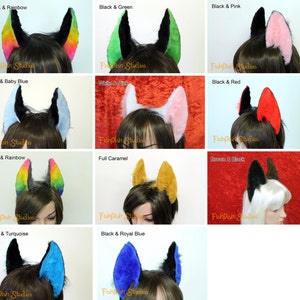 a large example of different colour combos of our flexi cat ears

these ears are fixed to a metal headband and have wire along the edge for bending into shape