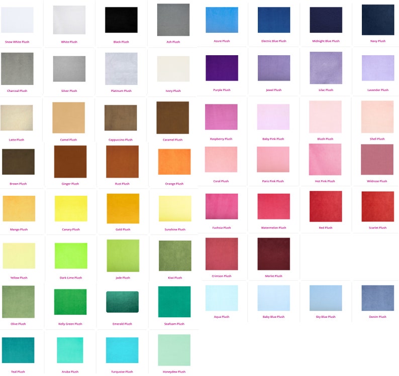 The soft plush colour chart of shades available from our fabric supplier