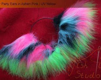 Pre-made Pink Black UV Yellow Fluffy Cat Ear Headband - Neko Kitty Ears - great for furry fursuits gijinka festival