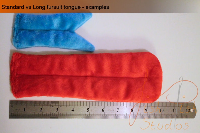 a comparison of the standard and long sized fursuit fabric tongues