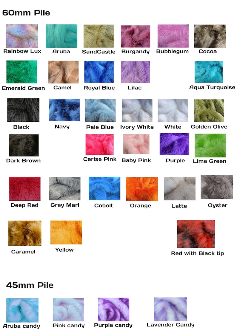 colour chart of shades available from our luxury faux fur supplier