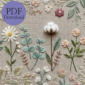French Embroidery Pattern PDF, 4 Floral Design, DIY Hand Stitching for Beginners, Instant Download