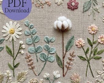 French Embroidery Pattern PDF, 4 Floral Design, DIY Hand Stitching for Beginners, Instant Download