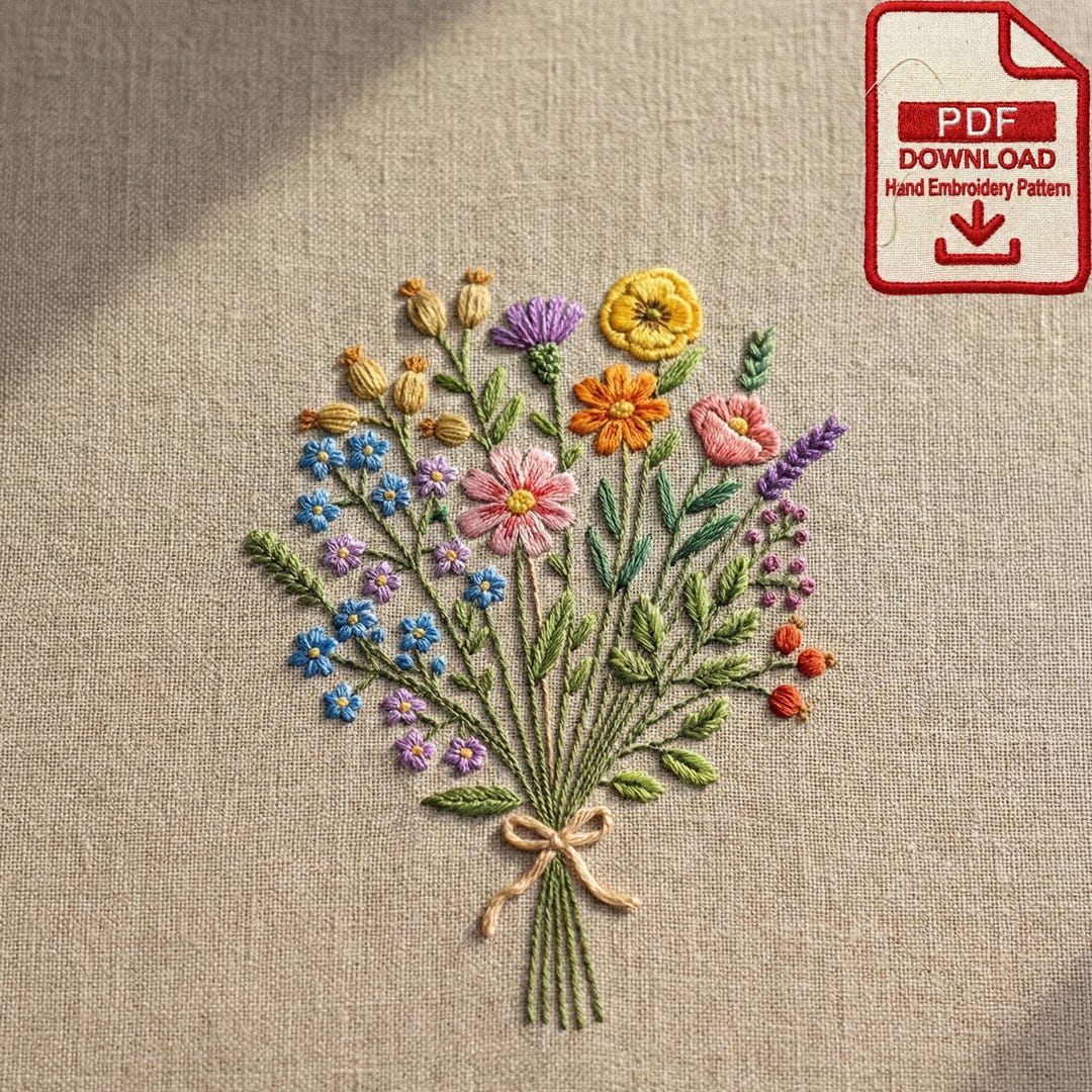 Wildflower Bouquet Hand Embroidery Pattern, Botanical Line Art (PDF ...