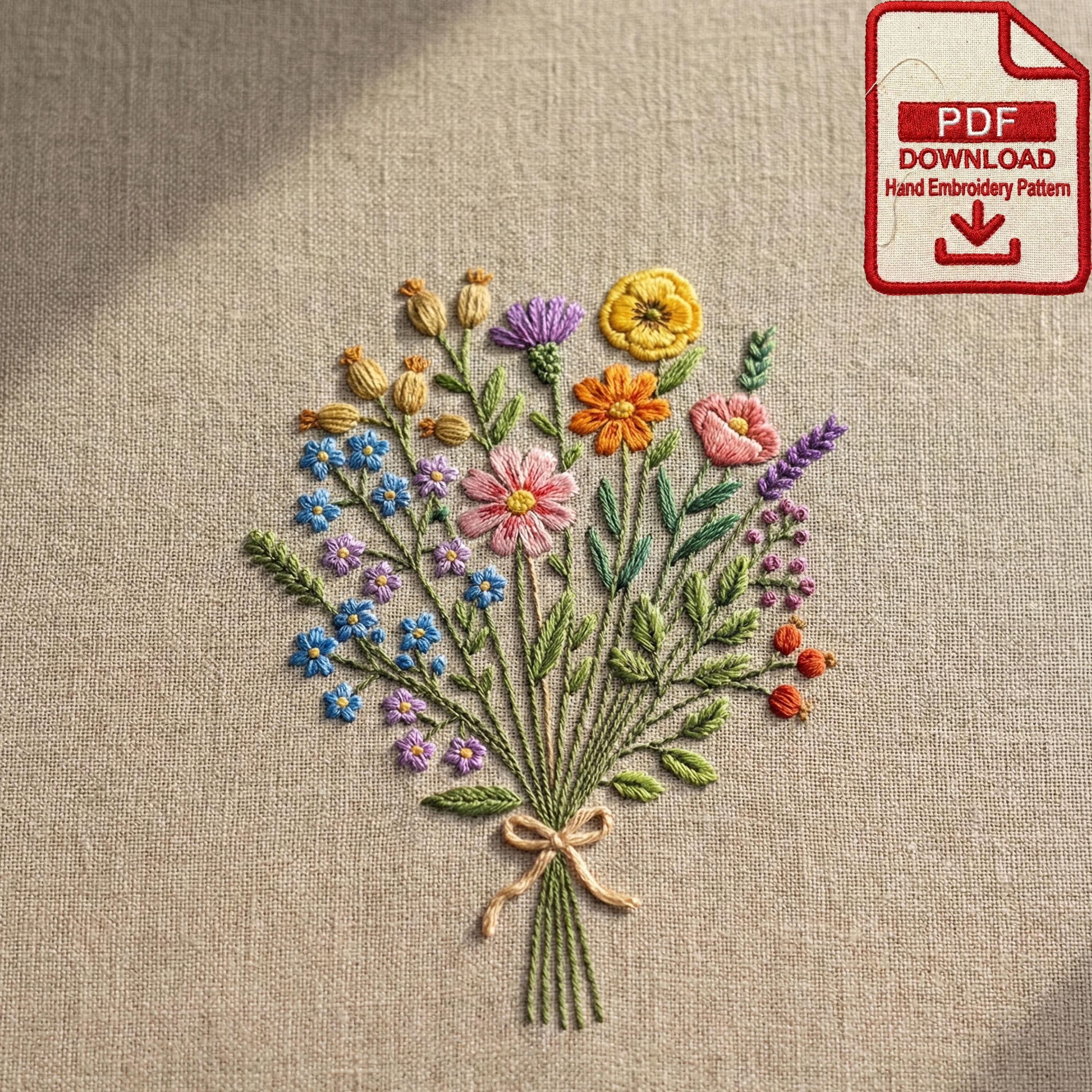 Wildflower Bouquet Hand Embroidery Pattern, Botanical Line Art (PDF ...