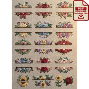 Pode incluir: Uma coleção de padrões de bordado à mão com desenhos florais. Cada desenho apresenta uma variedade de flores em tons de rosa, vermelho, amarelo, azul e roxo, com folhas verdes. Os desenhos estão dispostos em filas horizontais sobre um fundo de tecido bege.