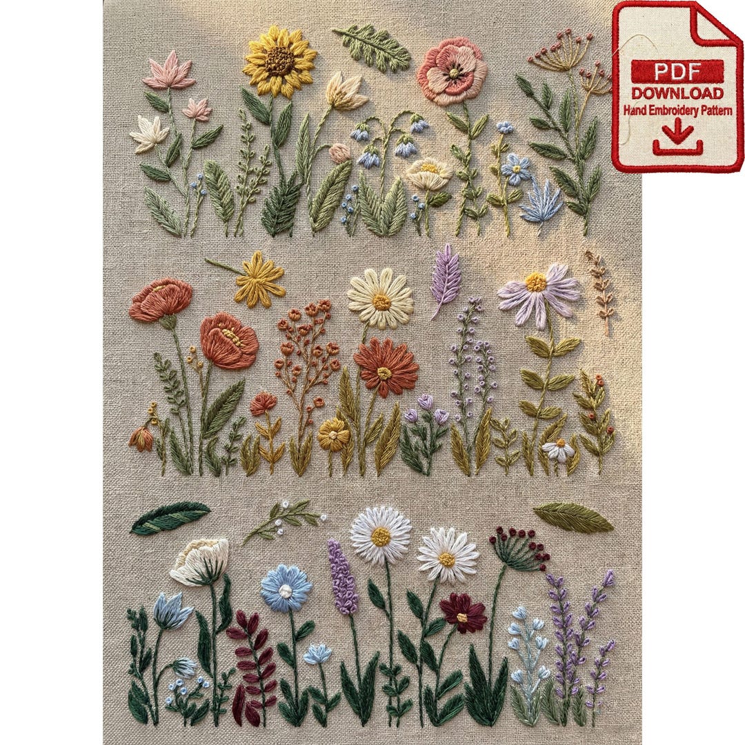 Wildflower Meadow Floral Line Art Embroidery Pattern PDF - Etsy