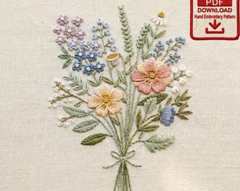 Wildflower Bouquet Embroidery Pattern, Beginner Floral Line Art (PDF Download)