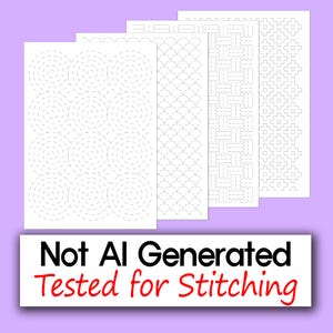 Puede incluir: Varias hojas de papel blanco con diversos patrones de líneas punteadas para practicar la costura. Los diseños incluyen espirales, conchas, diseños tejidos y formas de cruz. El texto "Not AI Generated Tested for Stitching" está visible.