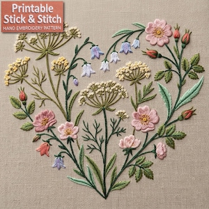 Floral Botanisches Herz Stickmuster, Muttertag Liebe Wildblumen DIY