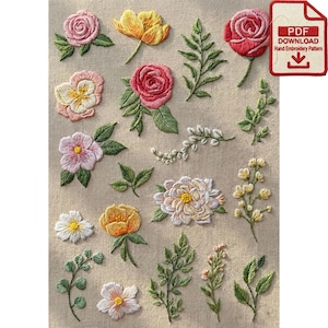 Puede incluir: Diseños florales bordados a mano, incluyendo rosas, margaritas y otras flores, en tonos rosa, amarillo y blanco, con hojas verdes, sobre tela beige. Un icono de descarga PDF está en la esquina superior derecha. Los diseños son de varios tamaños.