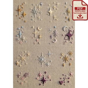 May include: A beige fabric featuring hand-embroidered celestial designs, including stars, moons, and shooting stars in gold, silver, blue, and purple. A PDF download icon is in the upper right corner.