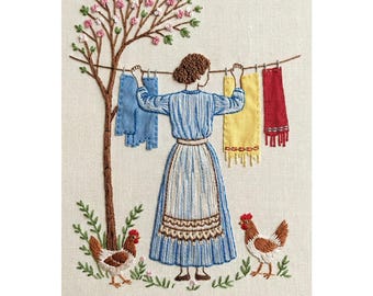 Laundry Day Lady Embroidery Pattern - Cottagecore PDF Download