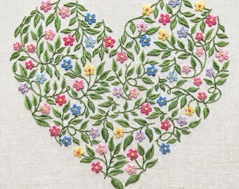 Floral Heart Embroidery Pattern, Stitch Guide (PDF Download)