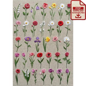 May include: A beige fabric with hand-embroidered flowers in various colors, including red, pink, purple, yellow, and white. The flowers are of different types, such as roses, daisies, and tulips. A PDF download graphic is in the upper right corner.