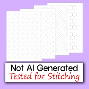 Puede incluir: Cinco hojas de papel blanco con varios patrones de puntadas grises. Los patrones incluyen filas de guiones, estrellas y diseños geométricos. El texto en la parte inferior dice "Not AI Generated Tested for Stitching."