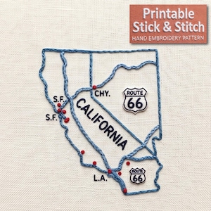 May include: Hand-embroidered California map with blue thread, featuring cities like S.F., L.A., and Chy. Red dots mark locations. Includes Route 66 patches. The text "Printable Stick & Stitch" is at the top, indicating a hand embroidery pattern.