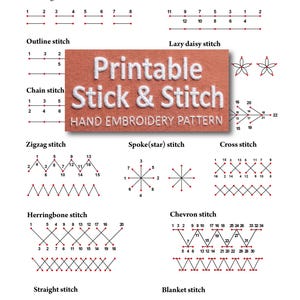 May include: An embroidery practice fabric guide featuring black text and red stitch diagrams. The text reads For embroidery PRACTICE FABRIC and Printable Stick & Stitch HAND EMBROIDERY PATTERN. Diagrams show running, back, outline, lazy daisy, chain, zigzag, spoke, cross, herringbone, chevron, straight, and blanket stitches.