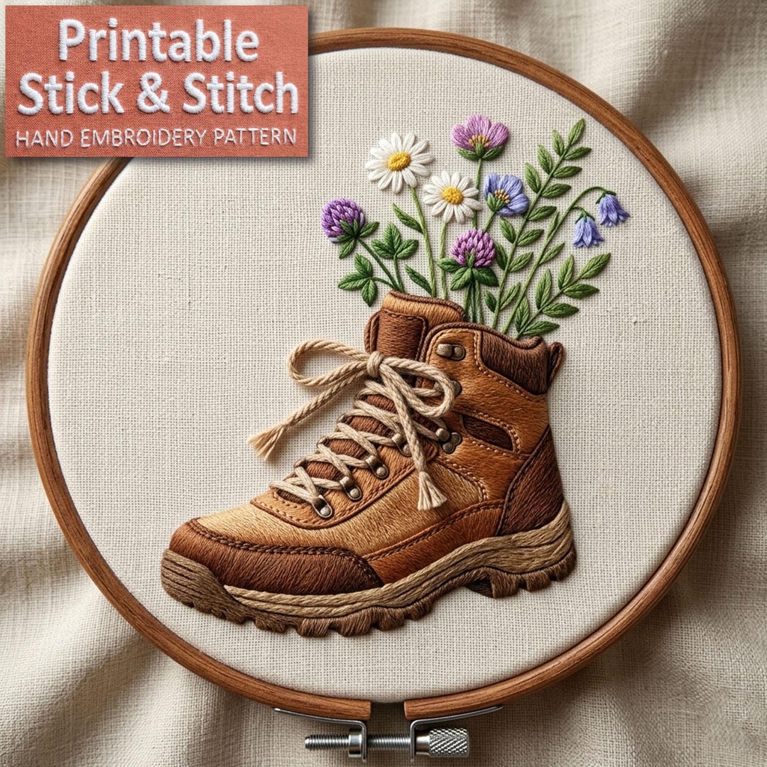 Hiking Boot Floral Embroidery Pattern PDF Nature Botanical Design - Etsy
