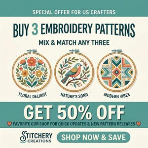 Puede incluir: Tres bastidores de bordado circulares con dise&ntilde;os distintos: un arreglo floral etiquetado como Floral Delight, un p&aacute;jaro en una rama etiquetado como Nature's Song y un patr&oacute;n geom&eacute;trico etiquetado como Modern Vibes. El texto incluye Buy 3 Embroidery Patterns, Get 50% Off y Stitchery Creations.