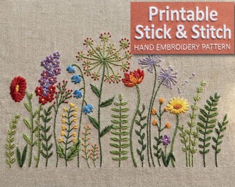 Wildflower Meadow Embroidery Pattern, Botanical Border Design (PDF Download)
