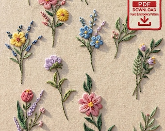 Wildflower Embroidery Pattern Bundle Botanical Line Art Floral PDF Manual Restoration Hand Stitching Design