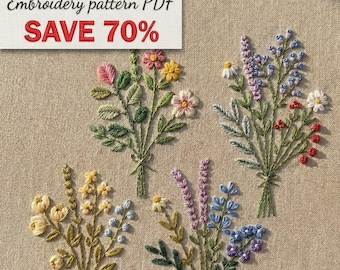 6 in 1, Wildflower Bouquet Embroidery Patterns Bundle, Instant Download