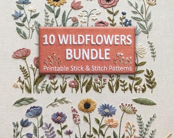 10 Wildflower Stick and Stitch Hand Embroidery Patterns Bundle
