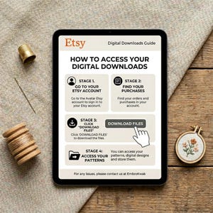 Puede incluir: Una pantalla de tableta que muestra una gu&iacute;a de descargas digitales de Etsy titulada How to Access Your Digital Downloads. La gu&iacute;a describe cuatro etapas para acceder a los archivos, con iconos para cuenta, compras, bot&oacute;n de descarga y patrones.