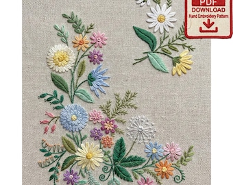 Wildflower Embroidery Pattern, Botanical Daisy Bouquet Line Art (Digital Download)