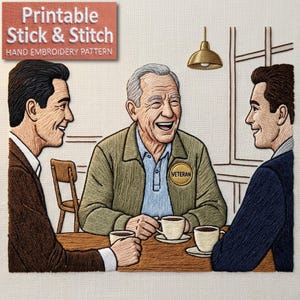 Può includere: Schema di ricamo a mano stampabile Stick & Stitch con tre uomini a un tavolo, ognuno con una tazza di caffè. La figura centrale indossa una giacca con una toppa "VETERAN". L'immagine ha una tavolozza di colori caldi e un aspetto ricamato.