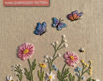 Butterfly & Wildflower Embroidery Pattern PDF, Hand Restored Botanical Garden Design, Beginner Needlework, Instant Download