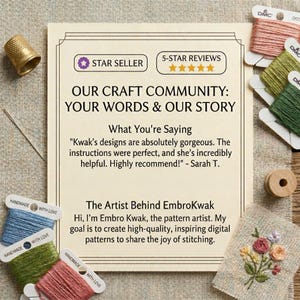 Puede incluir: Una tarjeta informativa de color crema titulada Our Craft Community: Your Words & Our Story, que incluye una rese&ntilde;a de cliente, un dedal dorado, una aguja, varios carretes de hilo de bordar de colores y una peque&ntilde;a muestra de bordado floral.