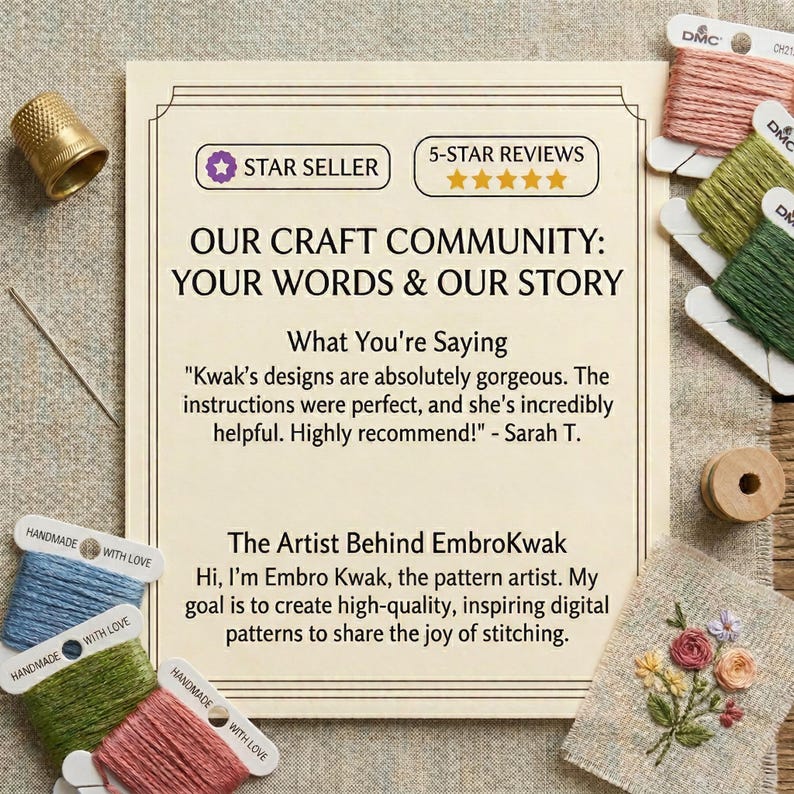Puede incluir: Una tarjeta informativa de color crema titulada Our Craft Community: Your Words & Our Story, que incluye una rese&ntilde;a de cliente, un dedal dorado, una aguja, varios carretes de hilo de bordar de colores y una peque&ntilde;a muestra de bordado floral.