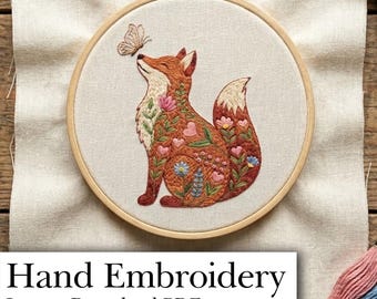 Floral Fox Embroidery Pattern: Beginner Animal Line Art (PDF Download)