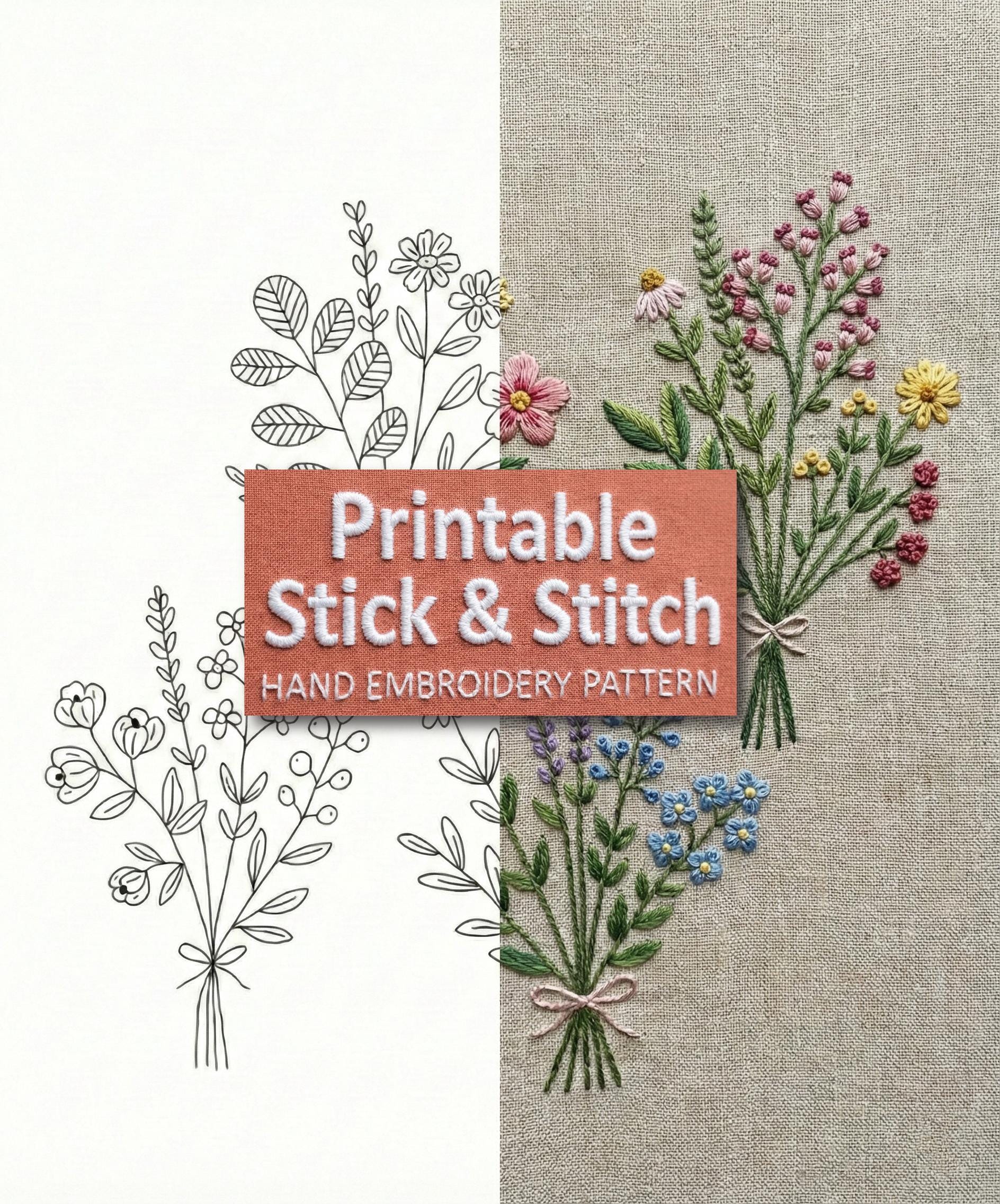Wildflower Embroidery Pattern Set, Botanical Line Art (PDF Download) - Etsy