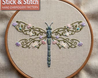 Floral Dragonfly Line Art Embroidery Pattern PDF