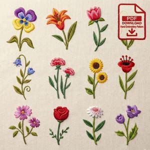 May include: An assortment of colorful, embroidered flowers, including pansies, lilies, roses, and sunflowers, are displayed on a light beige fabric. A PDF download graphic is in the upper right corner. The flowers are in various stages of bloom, showcasing detailed stitching.
