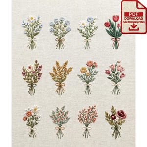 May include: Embroidered floral bouquets in various colors, including white, blue, pink, and yellow, tied with brown twine. The image includes a PDF download icon with the text "Hand Embroidery Pattern".