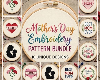 Mother's Day Embroidery Pattern Bundle, Floral, Line Art, Mom Silhouette (PDF Download)
