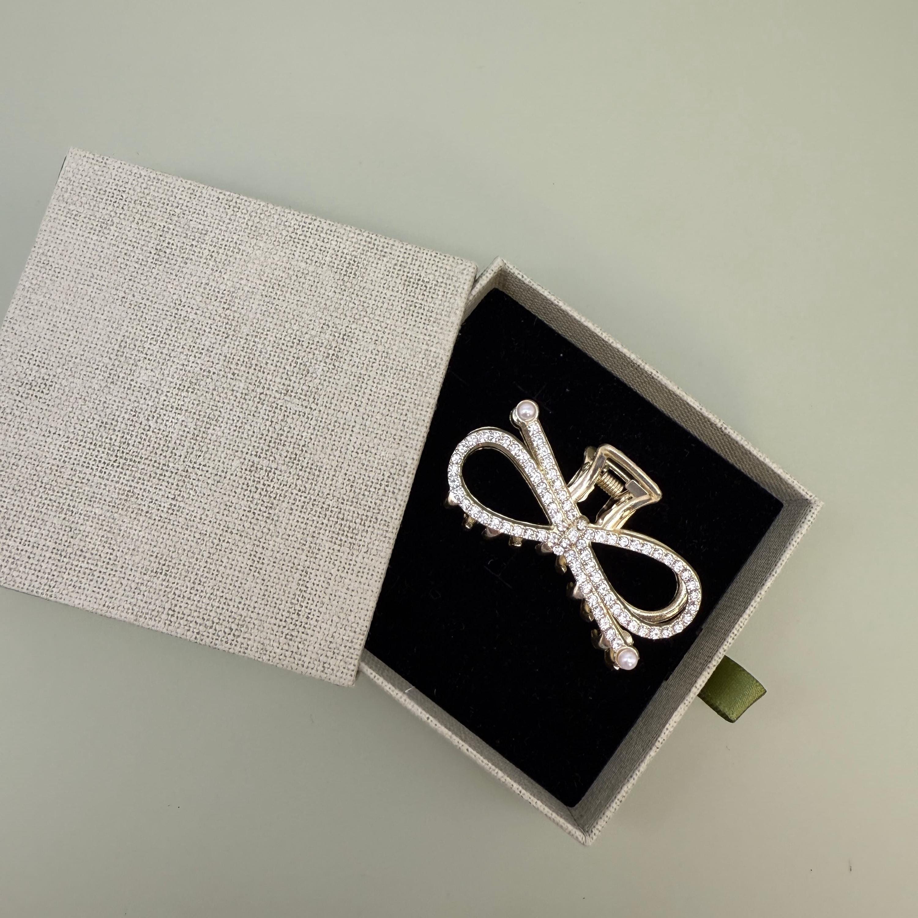 Rhinestone Bow Hair Claw Clip | Gold Ribbon Knot Jaw Clip  display picture 3