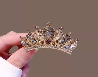 Mini Kristall Tiara Haarspange, Vintage Gold Krone Haarspange, Champagner & Mauve Strass, Princesscore Accessoire, Geburtstagsgeschenk für Sie