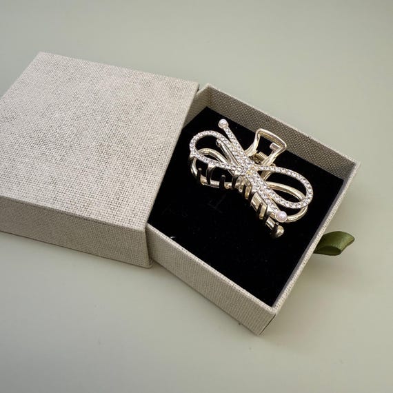Vintage Rhinestone Paved Bow Coquette Bridal Holiday Hair Claw Clip Rhinestone Bow Hair Claw Clip | Gold Ribbon Knot Jaw Clip  main image 3