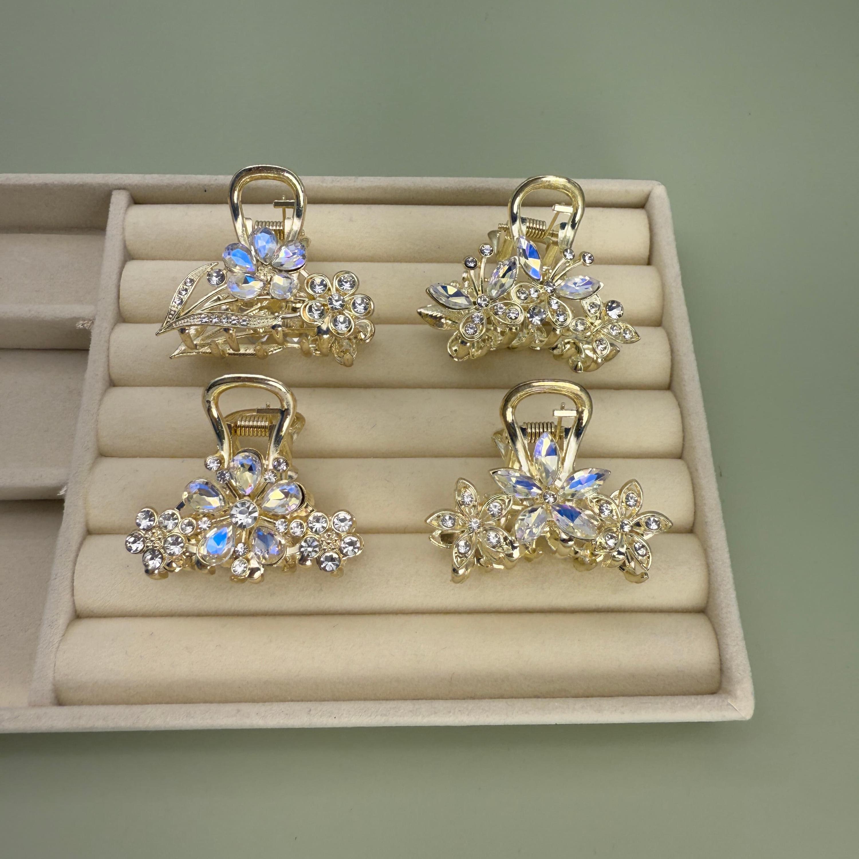 Gold Crystal Hair Claw Clips, Mini Rhinestone Jaw Clip, Sparkly