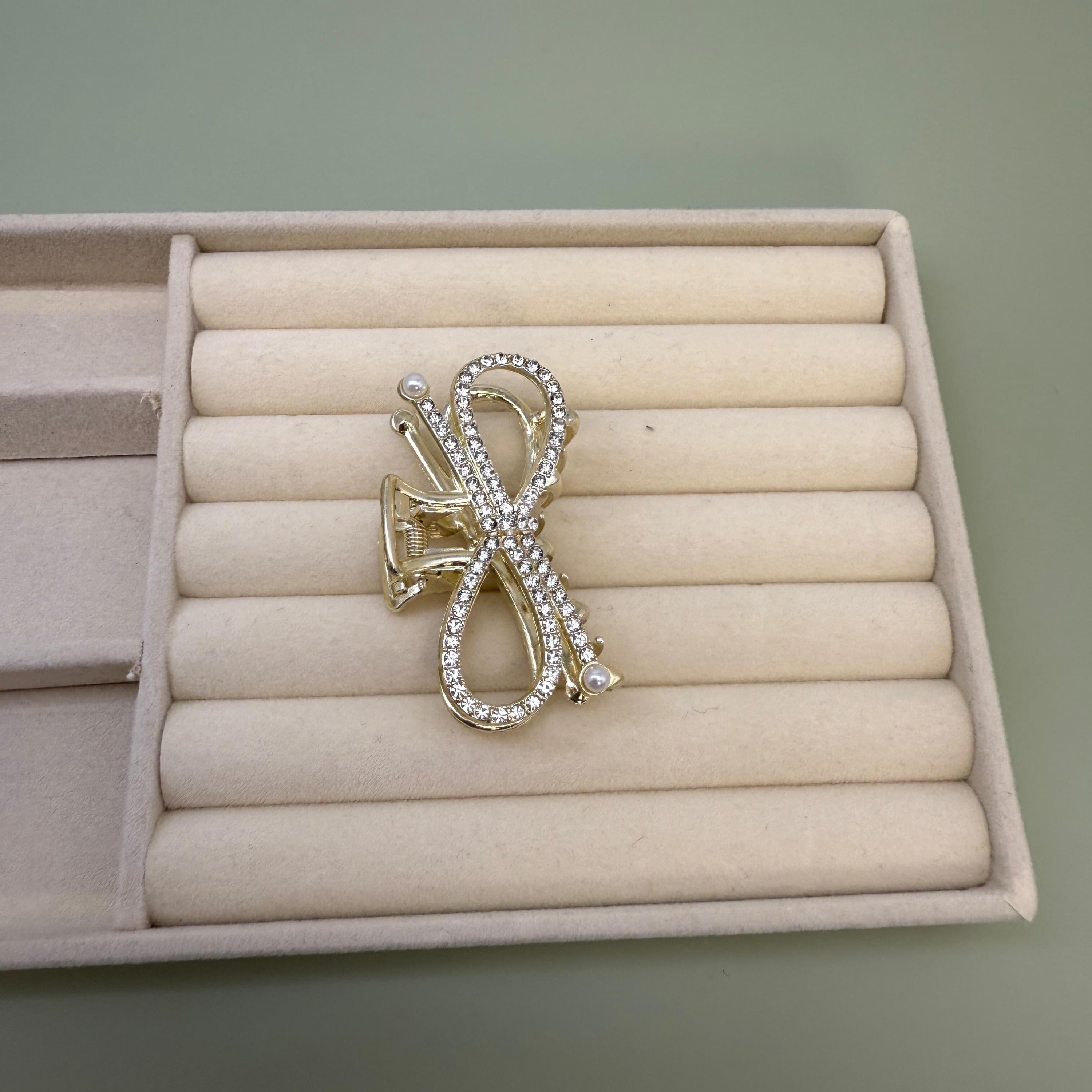 Rhinestone Bow Hair Claw Clip | Gold Ribbon Knot Jaw Clip  display picture 1