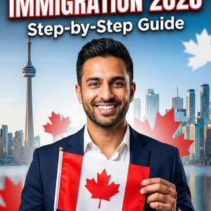 May include: A smiling man in a navy blue suit holds a Canadian flag in front of a cityscape. The image features the text "CANADA IMMIGRATION 2026 Step-by-Step Guide" in bold white letters with a red border against a blue background.