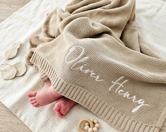 Personalized Baby Blanket, Embroidered Knit Cotton Name Blanket, Custom Newborn Boy Girl Gift