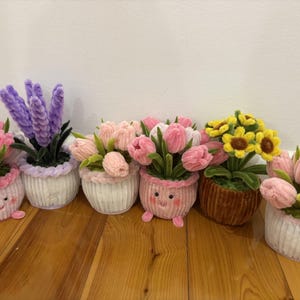 May include: A collection of six crocheted potted plants featuring various flowers including pink tulips, purple lavender, and yellow sunflowers. Each plant is housed in a textured, rounded pot, with some pots featuring embroidered faces and small feet.